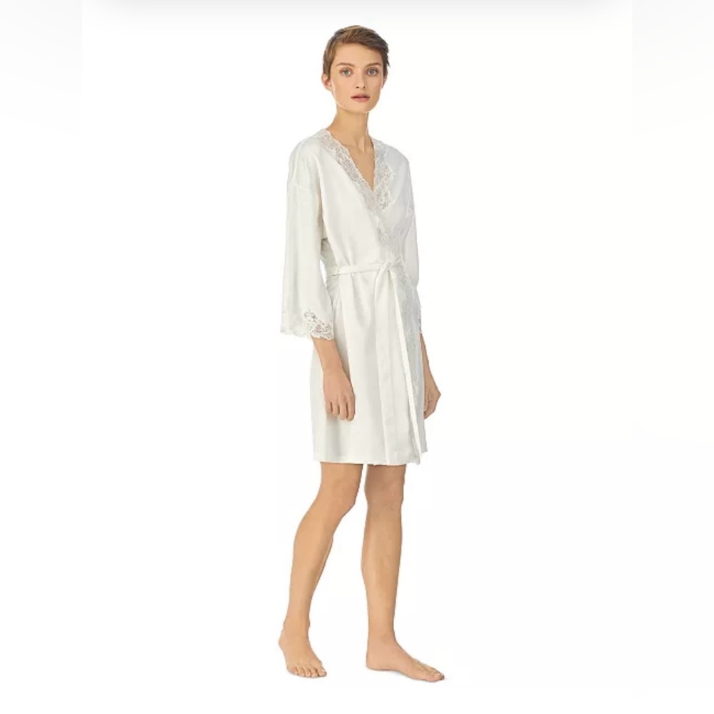 Lauren Ralph Lauren White Lace-Trim Satin Robe